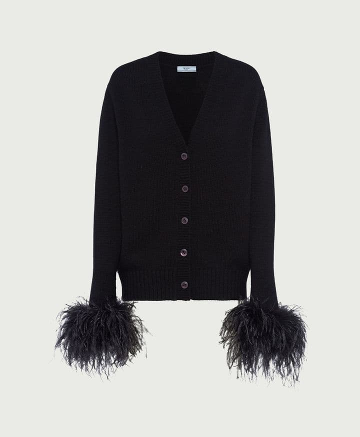 Feather-Trim Cashmere Cardigan