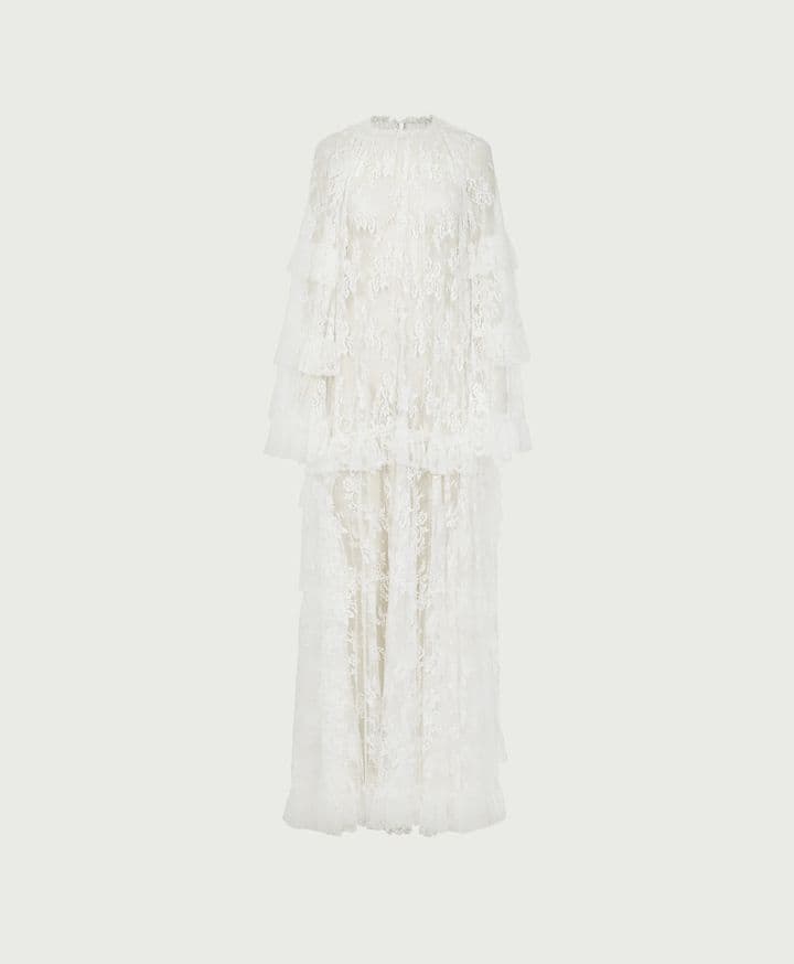 Chloe Long Ruffle Dress in Silk Lace