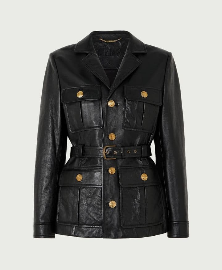 Chloe Belted Glossed Textured-Leather Jacket