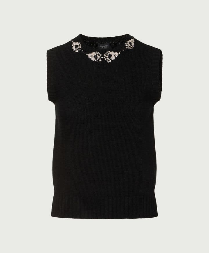 Embellished Sleeveless Wool Knit Top