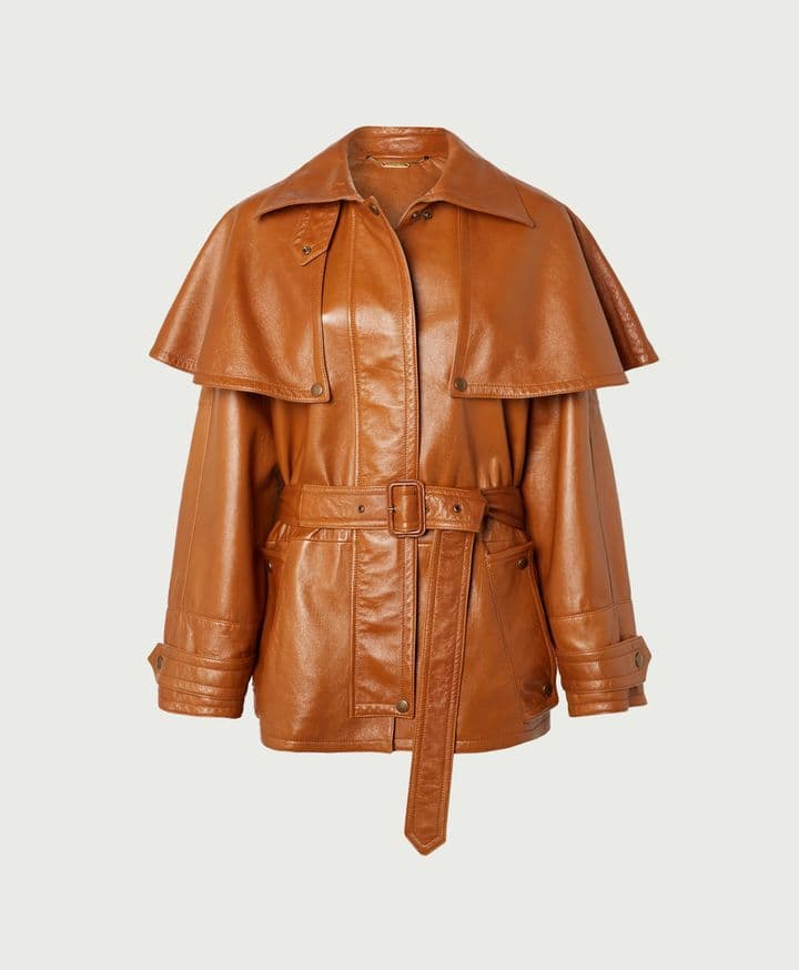 Cape-Effect Belted Leather Jacket