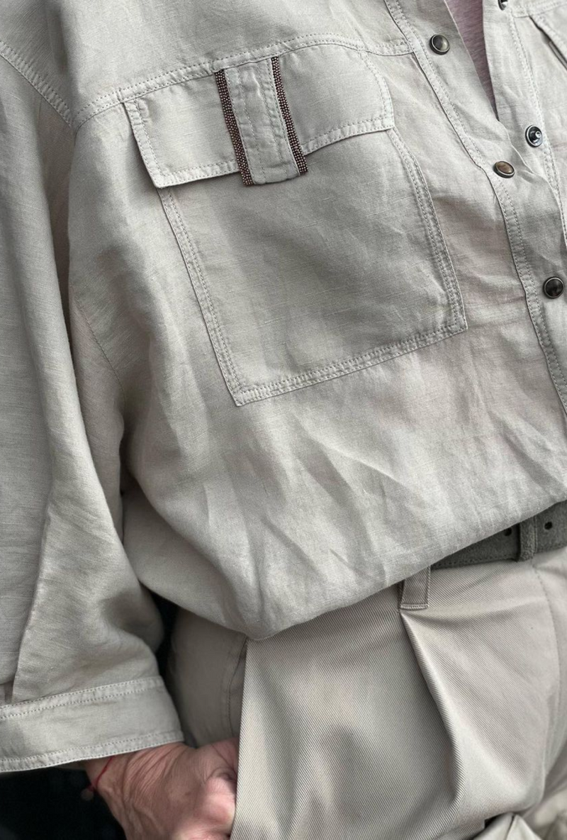 Garment-dyed shirt in linen and cotton pinpoint with shiny band pockets