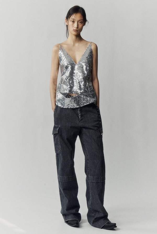 Silver Sequin Cut-out Top