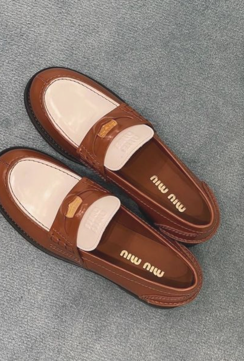 Two-tone patent-leather penny loafers