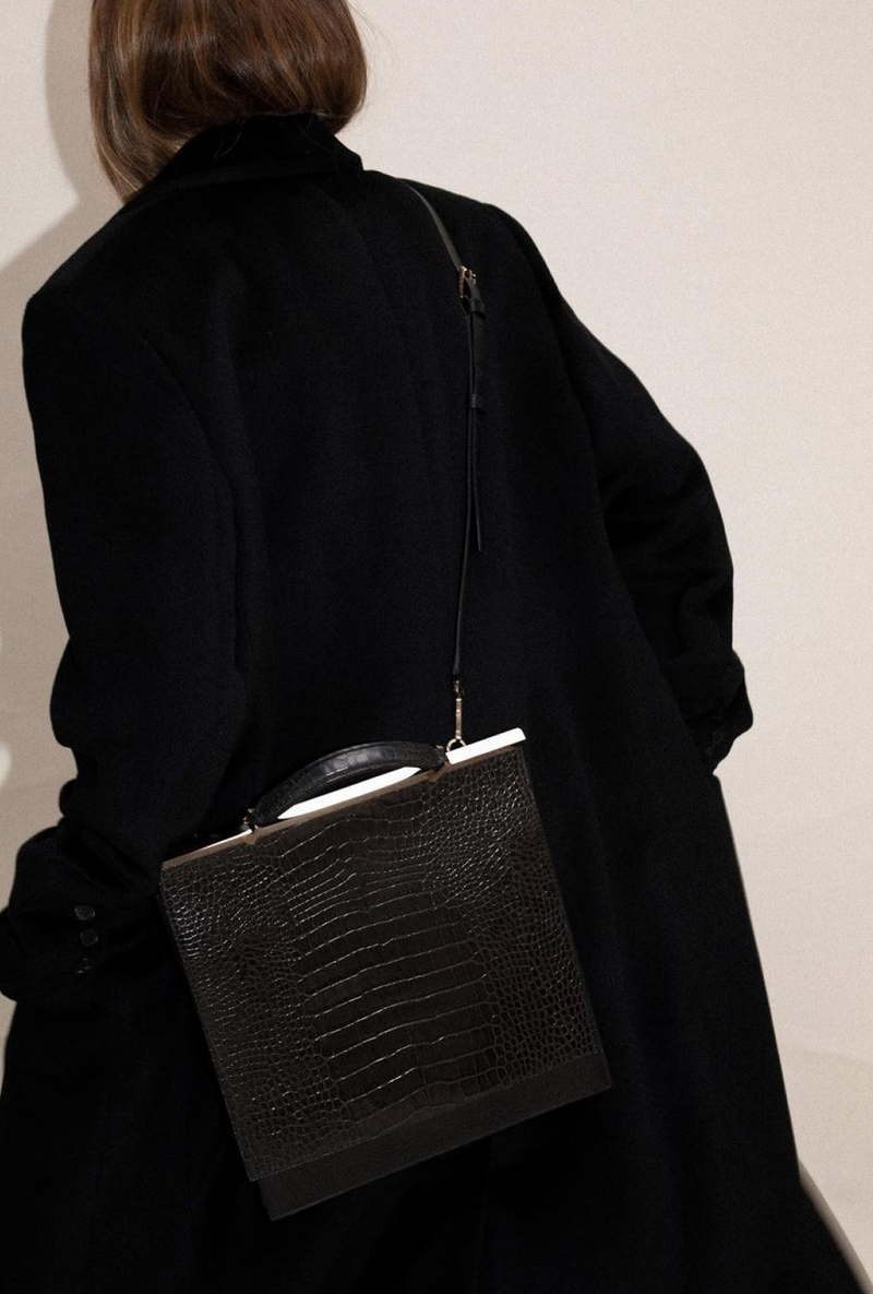 Leather shoulder bag with croc-print effect